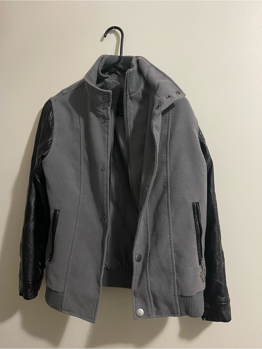 GUESS Varsity Jacket - Grey Fleece & Black Faux Leather Kids L/XL